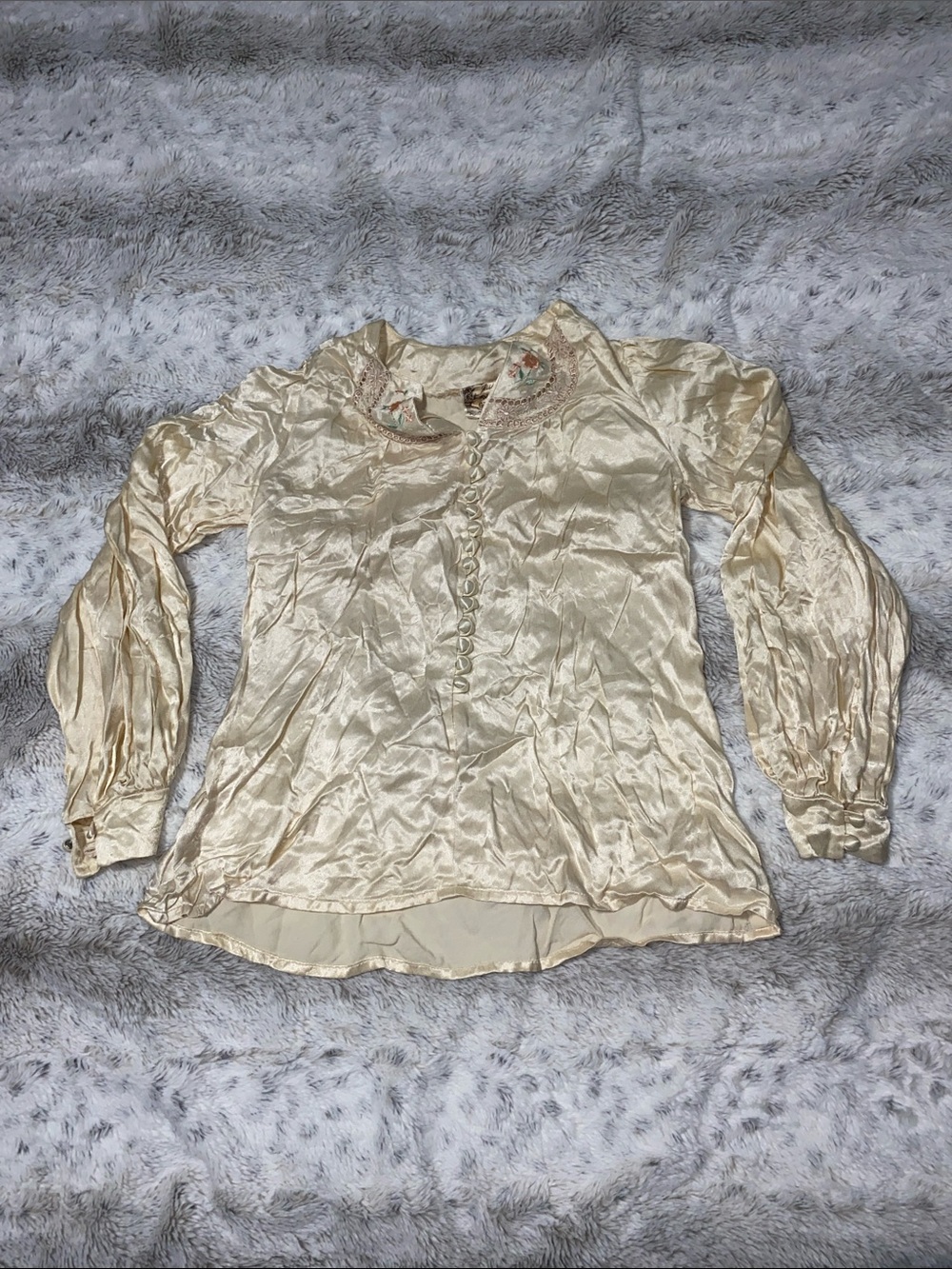 Women's Cream Long-Sleeve Satin Blouse with Decorative Collar